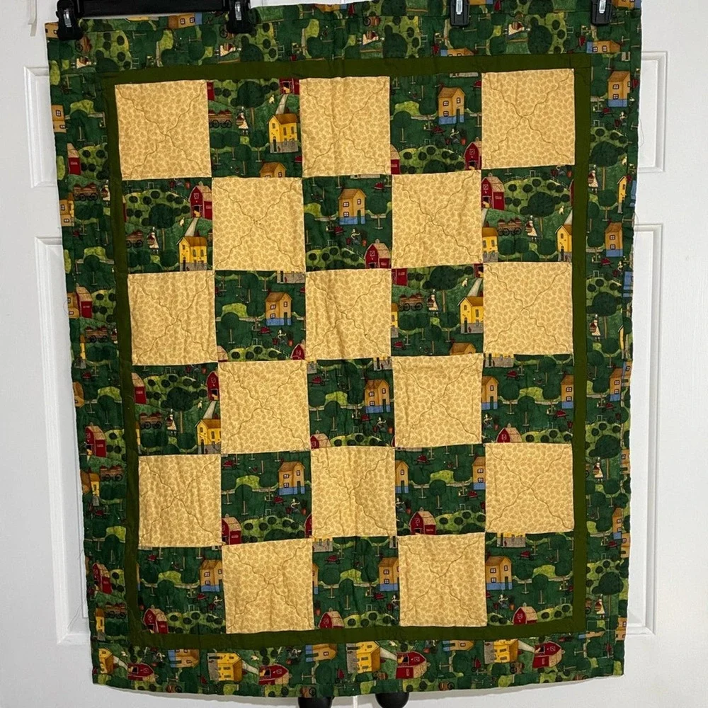 Handmade Lap Quilt‎ Cottacore Yellow Check Village Scene Green Border